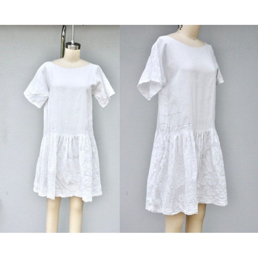 Antique 1900s Eyelet Embroidered Crochet White Dress or Night Gown S M